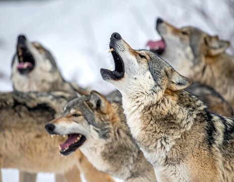 Pack of wolves howling in snowy, wintry, nature setting