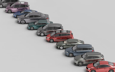 Line Of Colorful Cars In Aerial Perspective For Car Showroom Or Market Concept Advertising Visual