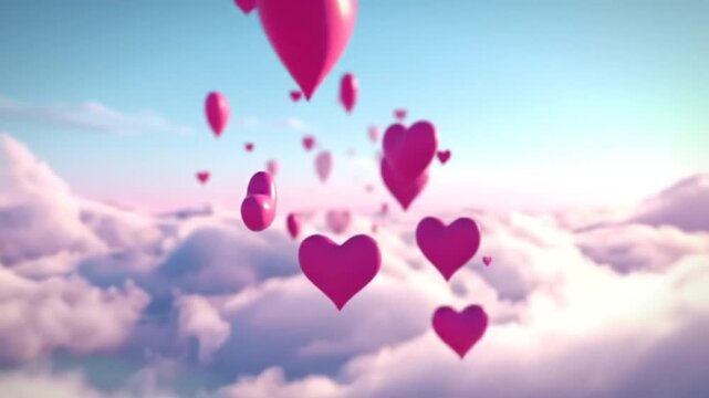 Pink hearts floating in the sky with clouds and blue background for Valentine's Day or love-themed greeting card