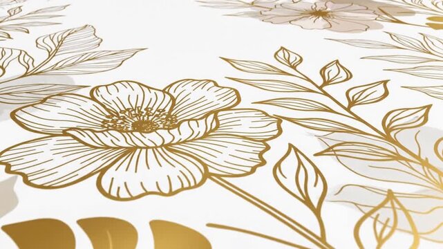 Elegant floral design with gold outlines on a white backdrop; leaves and flowers form a delicate pattern