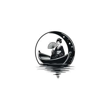 Vintage Japanese style illustration of a woman in kimono holding a fan on a boat under the full moon, isolated on black background.
