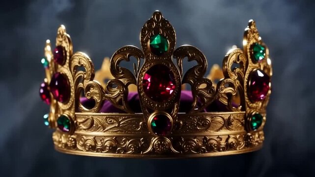 Regal Crown with Precious Gems on Dark Mysterious Background 4K video