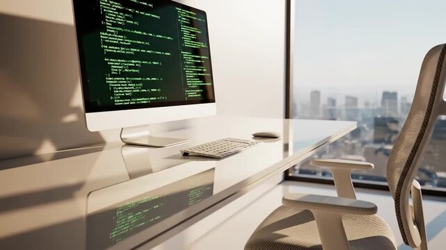 Modern office setup showing a computer screen with code, desk, ergonomic chair, and cityscape view