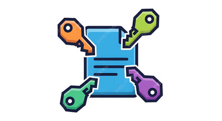 Illustration of a document surrounded by four colorful keys