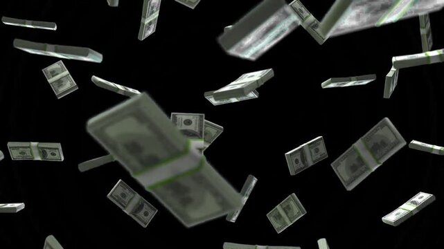 Money Rain Loop: Stacks of US 100 dollar bills falling and tumbling against a black alpha background