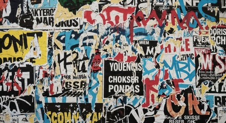 Fototapeta premium Heavily layered and distressed surface displays a chaotic mix of torn paper posters and graffiti art