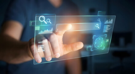 A professional businessman in a dark suit and tie interacting with a futuristic holographic search bar interface, touching a glowing blue virtual screen with his finger, neon blue UI elements, digital