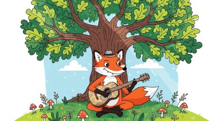 Fototapeta premium Woodland creature plays a stringed instrument while sitting beneath a large oak tree