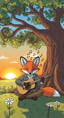 Fototapeta premium Anthropomorphic fox plays acoustic guitar under a large tree during a vibrant sunset