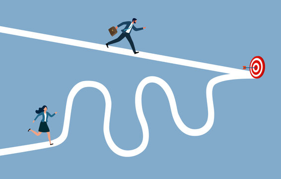 Easy or shortcut way. Woman runs in curved line, while man runs in straight line. Road to success, achievement of goals and dreams.