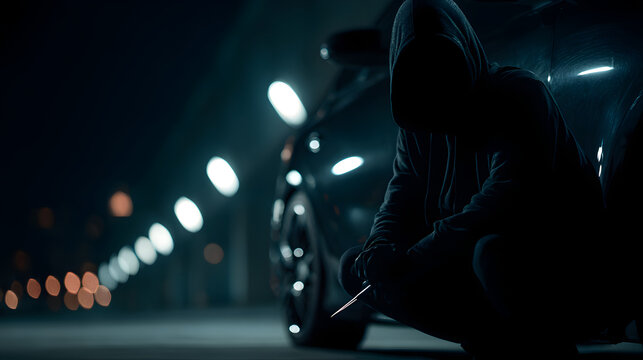 Hooded Car Thief or Vandal with Tool at Night