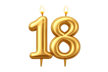 Fototapeta premium Golden number 18 candle celebrating eighteen anniversary on transparent background