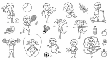 Obraz premium Kids Sport Activities, Black and White Vector Illustration Set