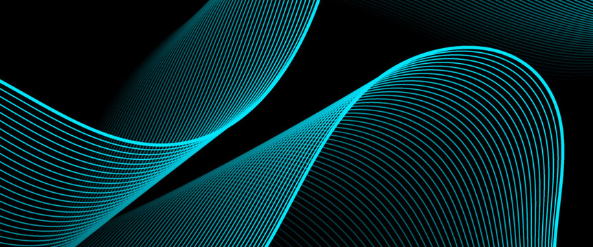 A futuristic black vector background featuring vibrant cyan wave lines. Perfect for high-tech digital headers, cyber themes, modern electronic music artwork. Abstract blue wavy lines of the sound wave