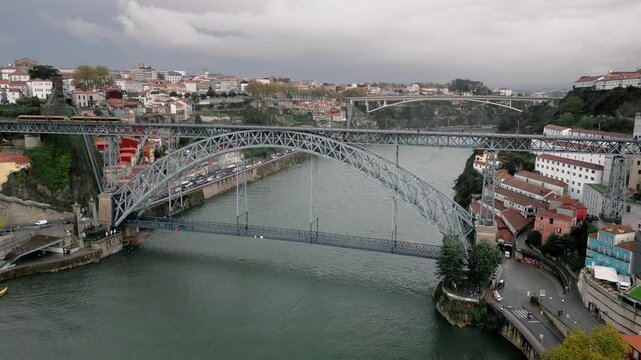 Aerial Dolly In Toward Dom Luis I Bridge in Porto