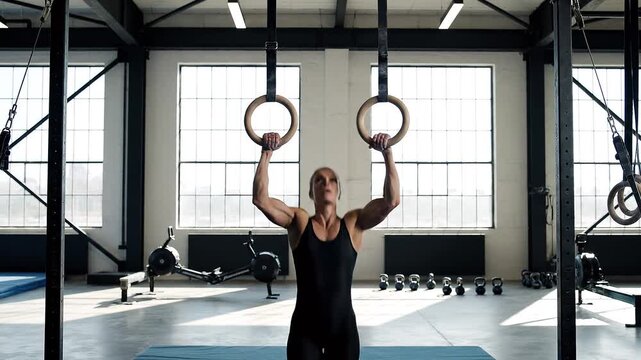 Woman doing gymnastics rings exercise in modern gym 4K video