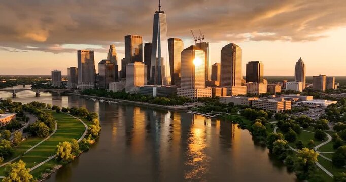Aerial view of a vibrant city skyline at sunset, reflecting on a calm river with lush parks