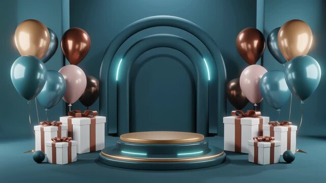 3D animation of a modern blue stage with a glossy podium at the center, surrounded by festiv