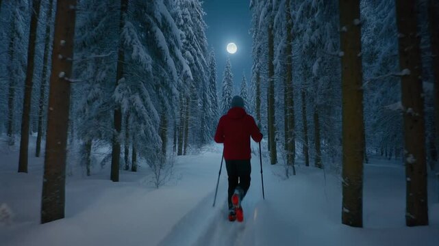 Skiing Down Snowy Forest Trail Under Moonlight 4K video