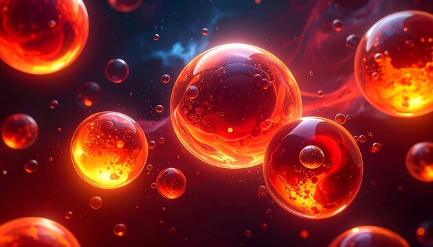 Fiery, translucent spheres with internal textures float in space