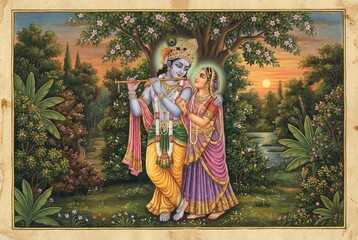 The divine couple stands together embraced in a garden. The sun is setting, casting a warm glow over the scene. The depiction radiates love and serenity. 