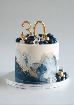 Celebration cake with fruits and 30th birthday decoration on table