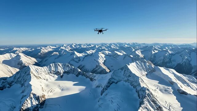Drone flight icy summits beneath blue sky, open winter landscapes captured from above in cold weather, aerial drone footage highlights sprawling frost covered mountain ranges under clear atmosphere