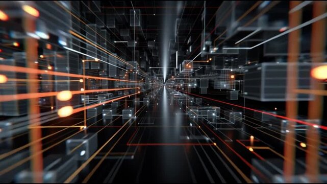 Hyperscale cloud infrastructure architecture. Data-center architecture. Computing architecture. Digital network architecture. Abstract digital pathway with glowing lines and geometric shapes.