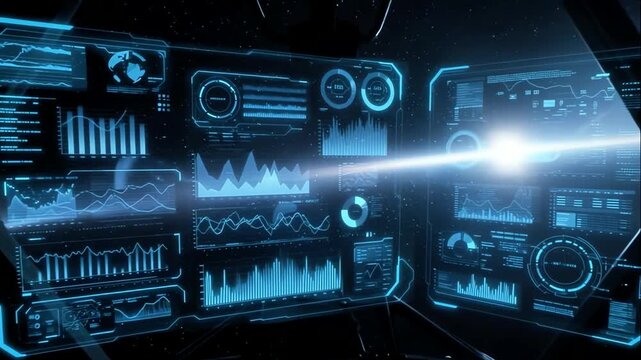 Futuristic tech display, cutting edge holographic interface in operation, illuminated holographic screens presenting realtime telemetry and dynamic visual analysis in cyber control environment