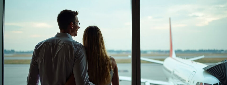 Man and woman traveling together in airport, couple looking through the window on airplane. Romantic trip concept, partnership, vacation, departure moment, freedom, modern transportation.
