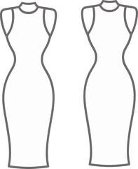 Elegant sleeveless dress fashion vector, high neckline garment outline, women clothing template, technical flat sketch, apparel design illustration, stylish midi dress silhouette