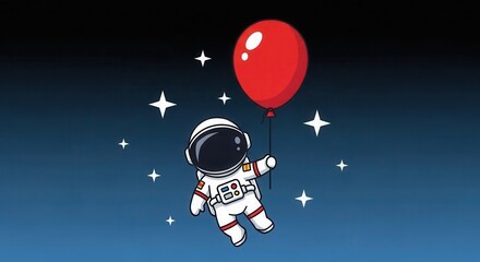 Fototapeta premium Cute cartoon astronaut floating in outer space while holding a bright red balloon