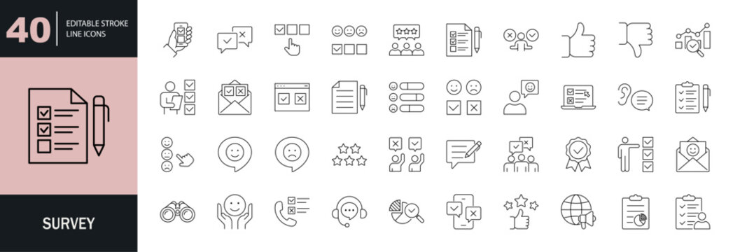Survey icon set. Containing feedback, review, opinion, research, questionnaire, poll, data collection, satisfaction, exam, task, and more. Editable line icons. Vector illustration.