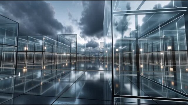 Hyperscale cloud infrastructure architecture. Data-center architecture. Computing architecture. Digital network architecture. Modern glass structures reflecting a dramatic sky.
