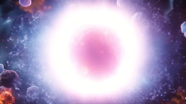 A bright pink shining orb surrounded by space debris, a mesmerizing view of the universe