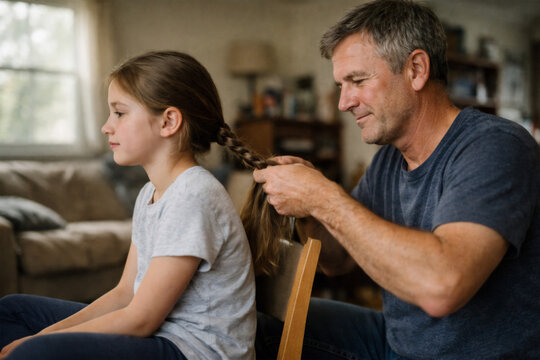 Father braiding daughter's hair. Caring father concept image.