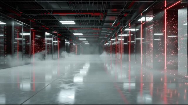 Hyperscale cloud infrastructure architecture. Data-center architecture. Computing architecture. Digital network architecture. A futuristic hallway with glowing red lights and fog effects.