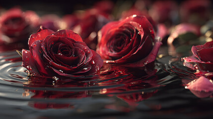 Red Roses Floating in Water - Romance, Love, Beauty