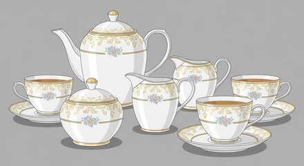 Fototapeta premium Elegant porcelain tea set with gold accents and floral decoration sits ready for service
