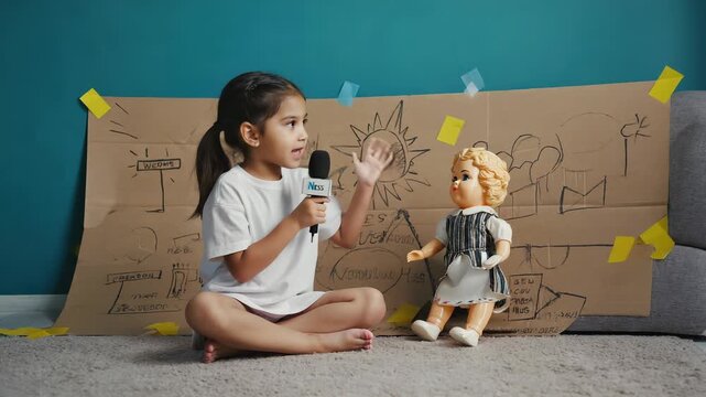 A young girl wears a journalist badge while asking interview questions to her doll. She sits on the floor in her living room, which is set up like a newsroom for her practice
