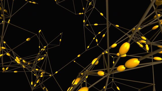 Seamless loop of viscous golden liquid flowing through a dark procedural 3D Voronoi lattice. Abstract representation of biological networks, neural pathways, or luxury data systems. 4K UHD render.