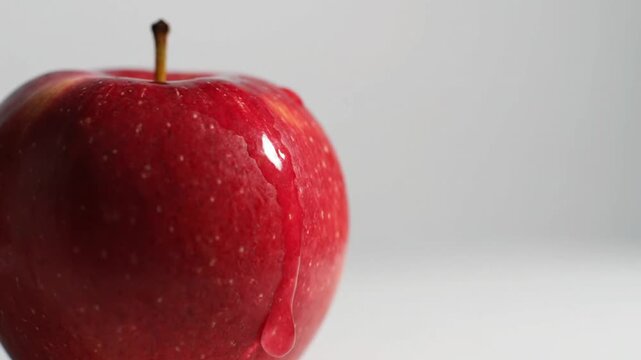A close-up shows half a shiny, red fruit with a small stem. Red liquid drips down its side