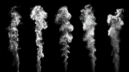 Five abstract white smoke formations on a black canvas