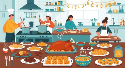 Naklejka premium Family members prepare and display a large celebratory feast inside a decorated kitchen