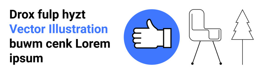 Obraz premium Social media, user interaction, design elements, minimalism, modern furniture, eco-concepts. Blue thumb up icon, simple chair tree outline on white background. Social media and minimalism concepts