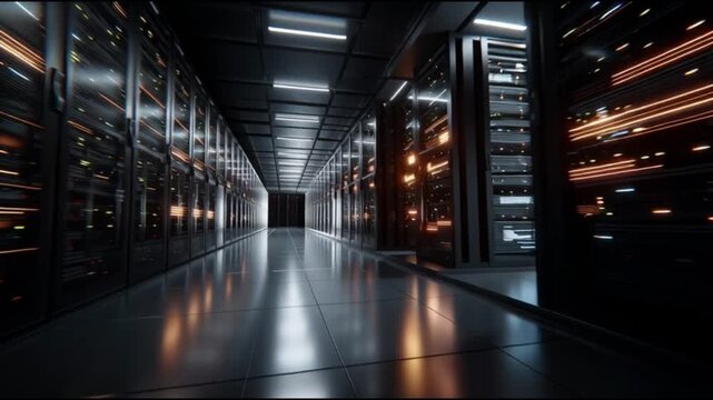 Hyperscale cloud infrastructure architecture. Data-center architecture. Computing architecture. Digital network architecture. A futuristic data center corridor with illuminated server racks.