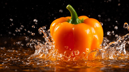 Vibrant Orange Bell Pepper Splashing in Water Against Black Background