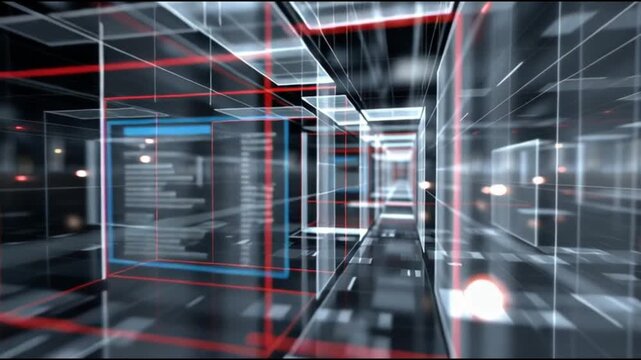 Hyperscale cloud infrastructure architecture. Data-center architecture. Computing architecture. Digital network architecture. Abstract digital environment with transparent geometric shapes and lights.