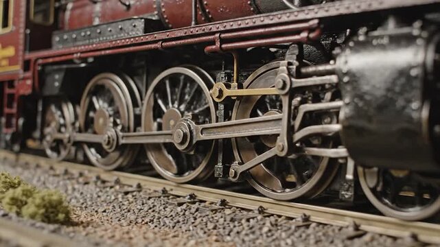 Detailed close-up of a vintage model steam locomotive's wheels on miniature