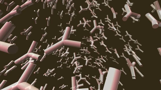 High-end 3D visualization of IgG antibody proteins rotating in a dense spherical cloud. Golden pharmaceutical environment with depth of field and organic molecular motion. Seamless loop.
